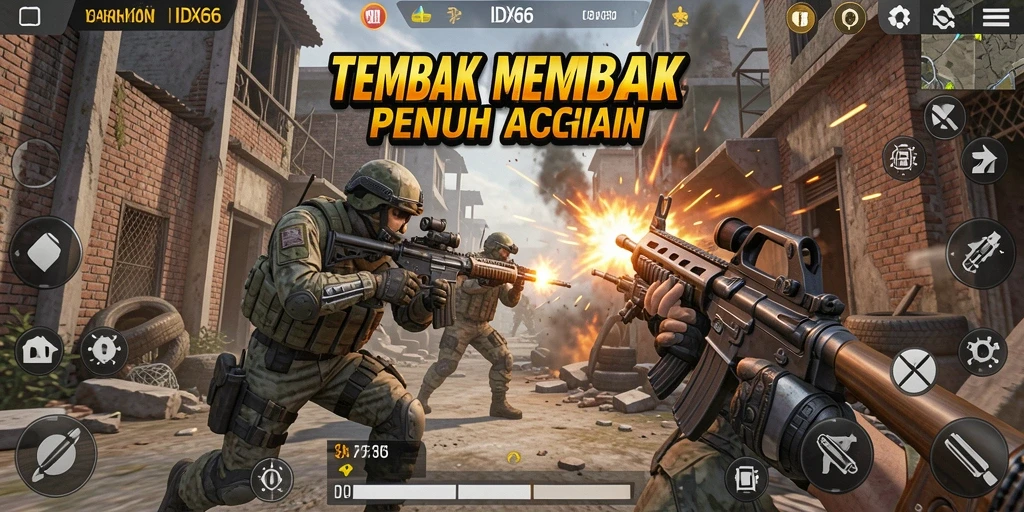 Tangkapan layar utama IDX66 menunjukkan pertempuran seru dalam gameplay TPS.