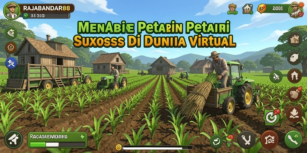 Screenshot RAJABANDAR88 menampilkan petani yang sedang mengelola kebun luas yang indah.
