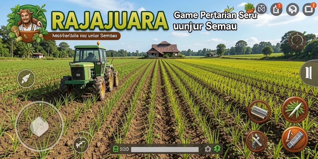 Tampilan gameplay RAJAJUARA dengan ladang yang subur.