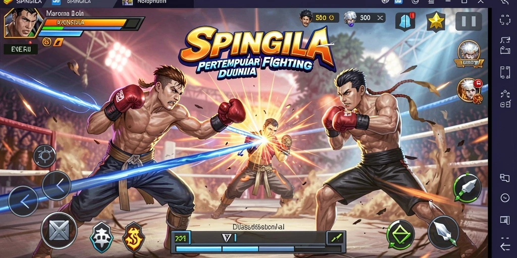 Screenshot gameplay SPINGILA menampilkan pertarungan seru dengan karakter yang dinamis.