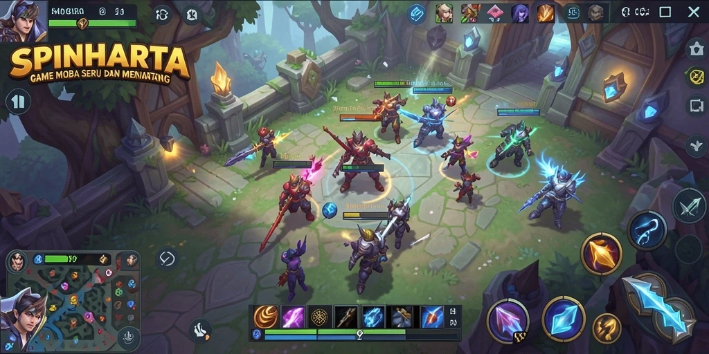 Tampilan gameplay SPINHARTA yang penuh aksi di arena MOBA.